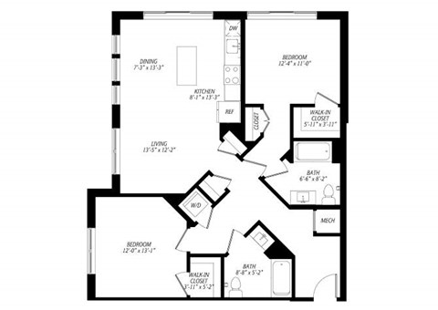 Floor plan for 2 beds, 2 baths, 1116 sqft