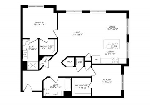 Floor plan for 2 beds, 2 baths, 1261 sqft