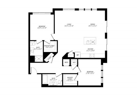 Floor plan for 2 beds, 2 baths, 1368 sqft