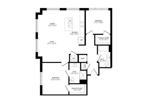 Floor plan for 2 beds, 2 baths, 1174 sqft