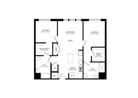 Floor plan for 2 beds, 2 baths, 1128 sqft