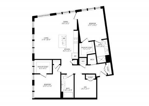 Floor plan for 2 beds, 2 baths, 1376 sqft