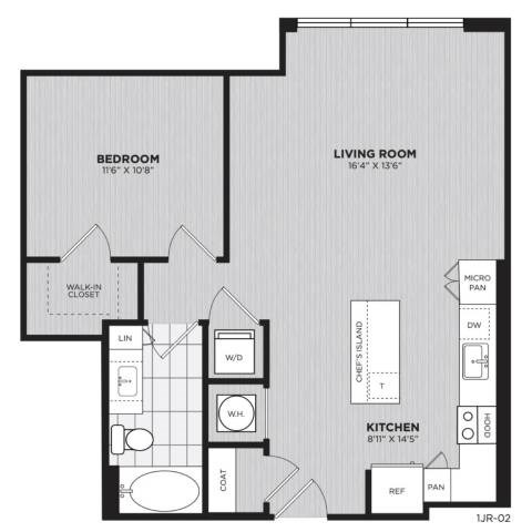Floor plan for 1 bed, 1 bath, 770 sqft