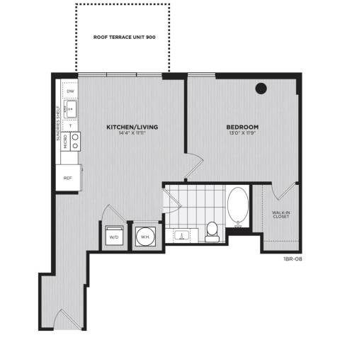 Floor plan for 1 bed, 1 bath, 643 sqft