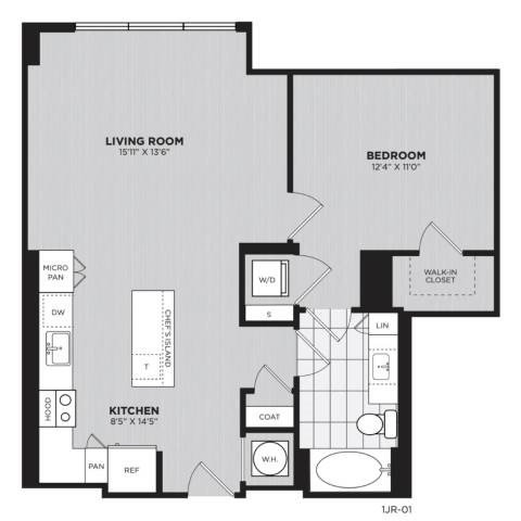 Floor plan for 1 bed, 1 bath, 764 sqft