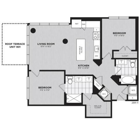 Floor plan for 2 beds, 2 baths, 1061 sqft