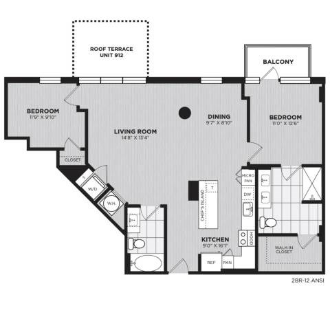 Floor plan for 2 beds, 2 baths, 1185 sqft