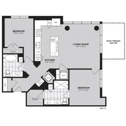 Floor plan for 2 beds, 2 baths, 1138 sqft