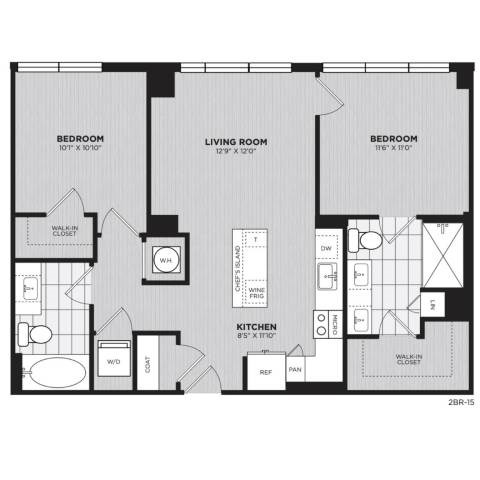 Floor plan for 2 beds, 2 baths, 928 sqft