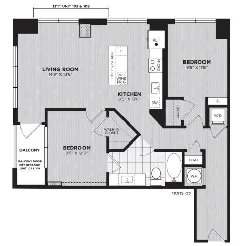 Floor plan for 2 beds, 1 bath, 952 sqft