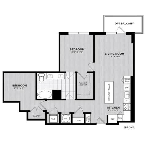 Floor plan for 2 beds, 1 bath, 972 sqft