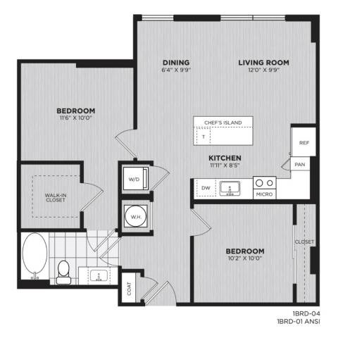 Floor plan for 2 beds, 1 bath, 876 sqft
