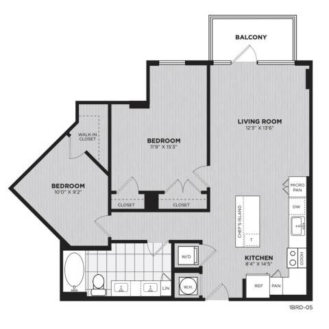 Floor plan for 2 beds, 1 bath, 897 sqft