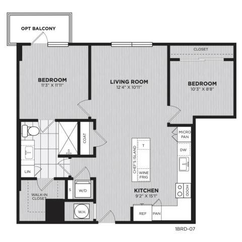 Floor plan for 2 beds, 1 bath, 917 sqft