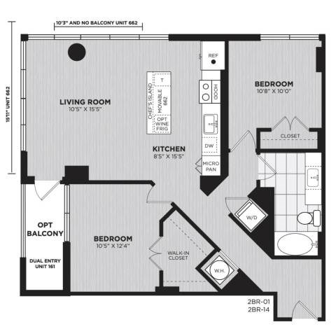 Floor plan for 2 beds, 1 bath, 994 sqft