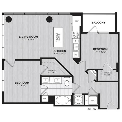Floor plan for 2 beds, 1 bath, 967 sqft