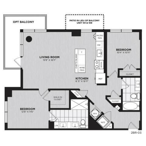 Floor plan for 2 beds, 2 baths, 1156 sqft