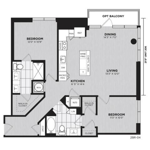 Floor plan for 2 beds, 2 baths, 1189 sqft