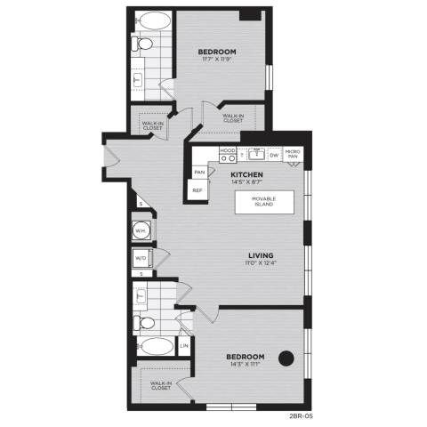 Floor plan for 2 beds, 2 baths, 1177 sqft