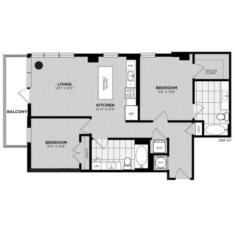 Floor plan for 2 beds, 2 baths, 1054 sqft