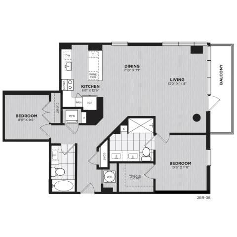 Floor plan for 2 beds, 2 baths, 1122 sqft