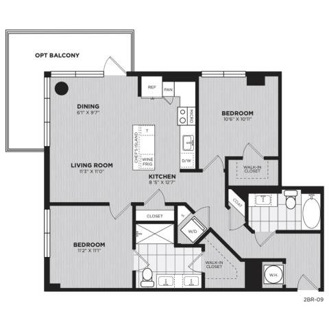Floor plan for 2 beds, 2 baths, 1033 sqft