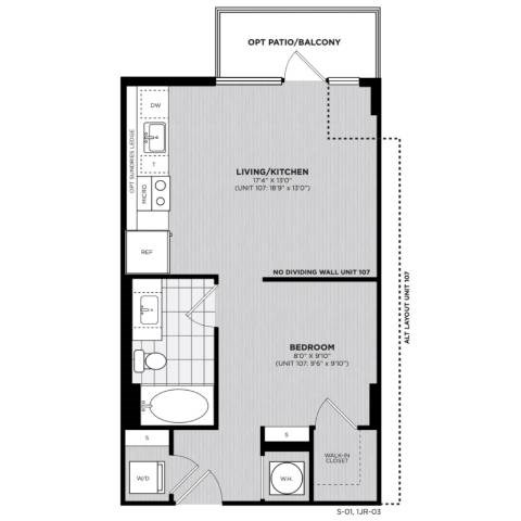 Floor plan for studio, 1 bath, 595 sqft