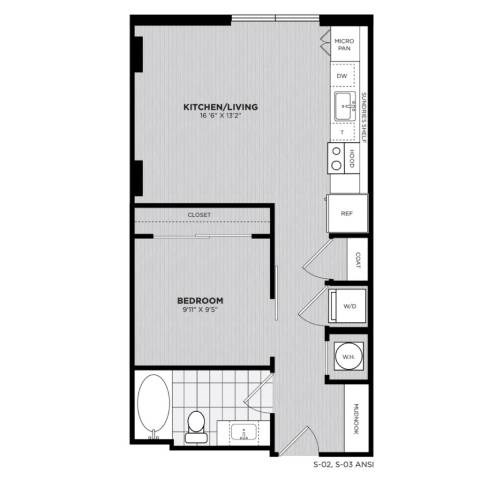 Floor plan for studio, 1 bath, 595 sqft