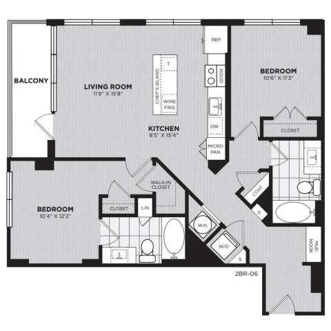 Floor plan for 2 beds, 2 baths, 1068 sqft
