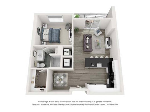 Floor plan for 1 bed, 1 bath, 747 sqft