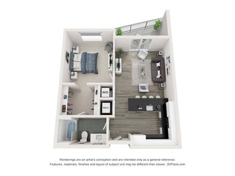 Floor plan for 1 bed, 1 bath, 744 sqft