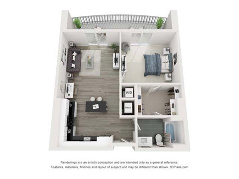 Floor plan for 1 bed, 1 bath, 827 sqft