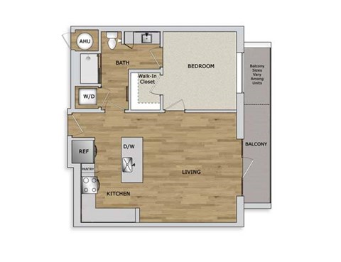 Floor plan for 1 bed, 1 bath, 770 sqft