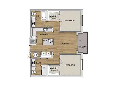 Floor plan for 2 beds, 2 baths, 1048 sqft