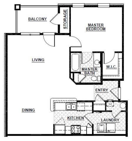 Floor plan for 1 bed, 1 bath, 886 sqft