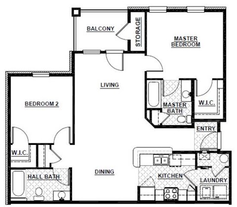 Floor plan for 2 beds, 2 baths, 1034 sqft