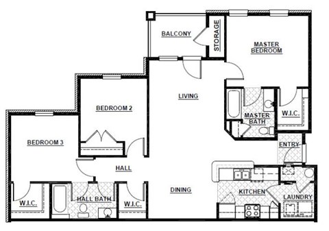 Floor plan for 3 beds, 2 baths, 1237 sqft