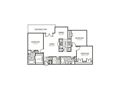 Floor plan for 3 beds, 2 baths, 1058 sqft