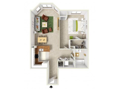 Floor plan for 1 bed, 1 bath, 790 sqft