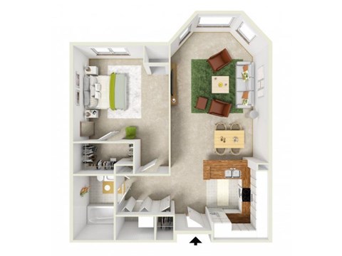 Floor plan for 1 bed, 1 bath, 750 sqft