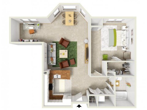 Floor plan for 1 bed, 1 bath, 871 sqft