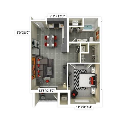 Floor plan for 1 bed, 1 bath, 726 sqft