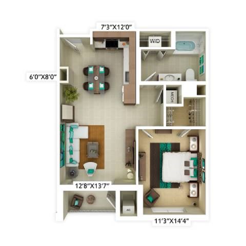 Floor plan for 1 bed, 1 bath, 718 sqft