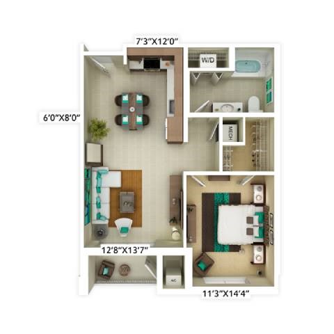 Floor plan for 1 bed, 1 bath, 737 sqft