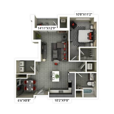 Floor plan for 1 bed, 1 bath, 772 sqft