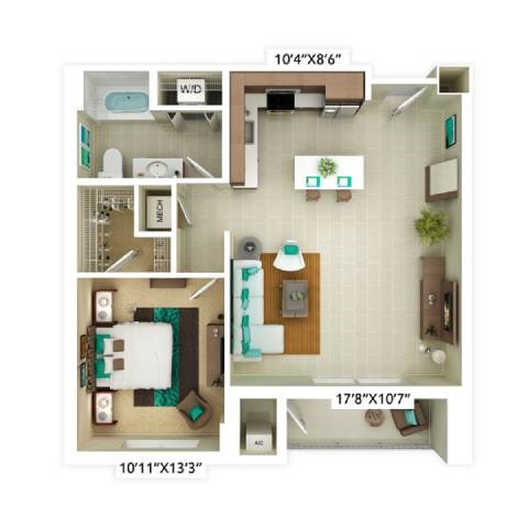 Floor plan for 1 bed, 1 bath, 805 sqft