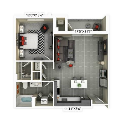Floor plan for 1 bed, 1 bath, 810 sqft