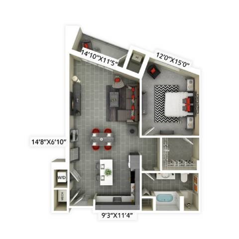 Floor plan for 1 bed, 1 bath, 890 sqft