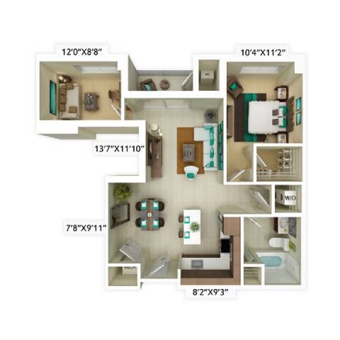 Floor plan for 1 bed, 1 bath, 823 sqft