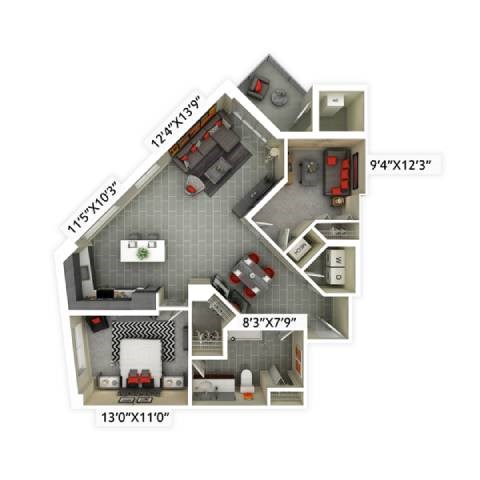 Floor plan for 1 bed, 1 bath, 1080 sqft